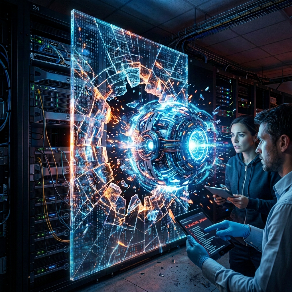 Digital security breach simulation with glowing mechanical sphere penetrating a data center firewall display