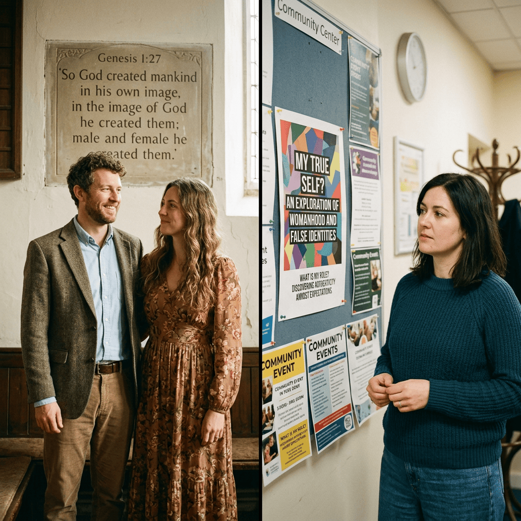 Split image of a couple beneath Genesis 1:27 and a woman beside a Community Center bulletin board.